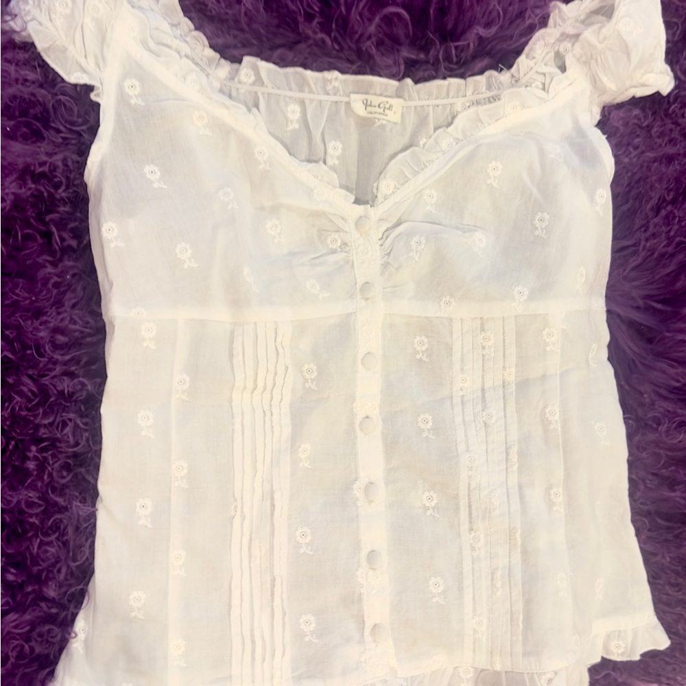 Brandy Melville White Embroidered Ruffle Buttonup Women's Top